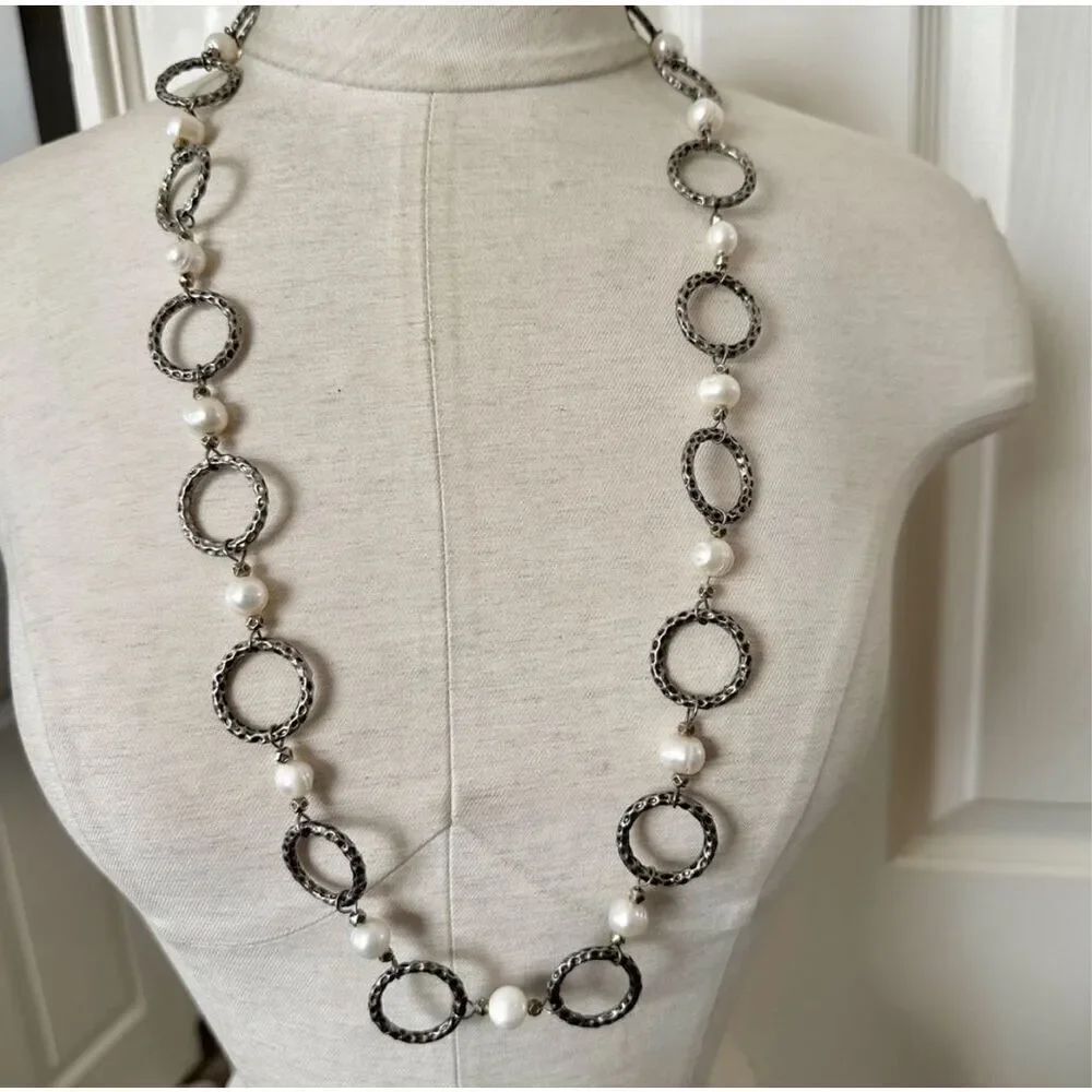 Silver tone authentic pearl link necklace